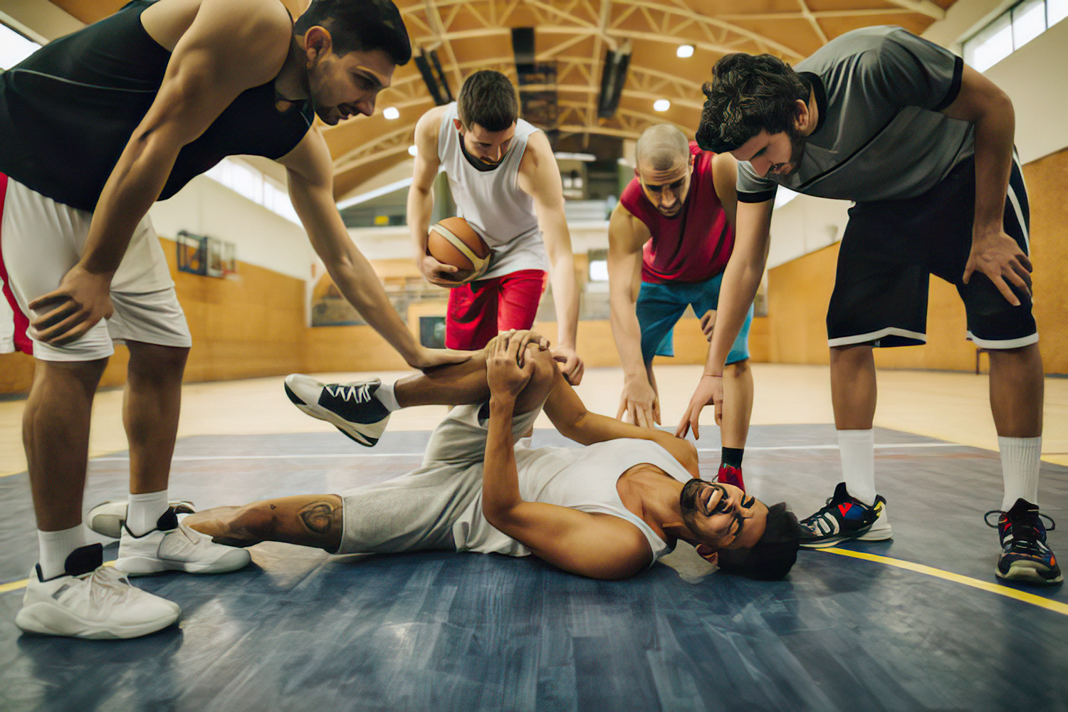 istockphoto-966143760-612x612-gigapixel-low_res-scale-4_00x Teammates attending to an injured athlete on an indoor court