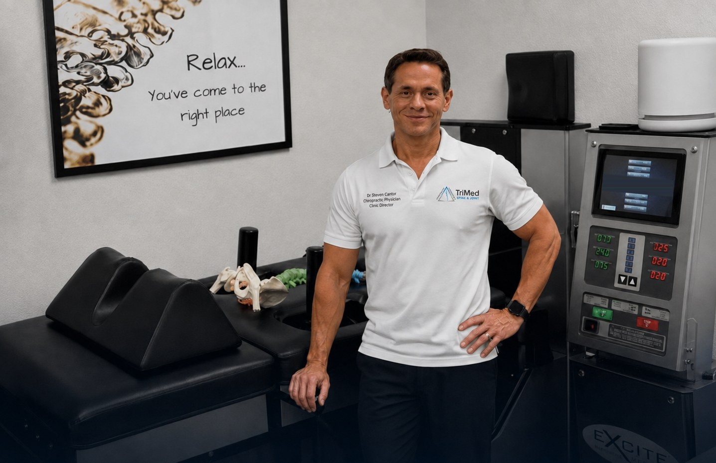 Dr. Steven Cantor, chiropractic physician, standing beside the DRX9000 spinal decompression table in Boca Raton