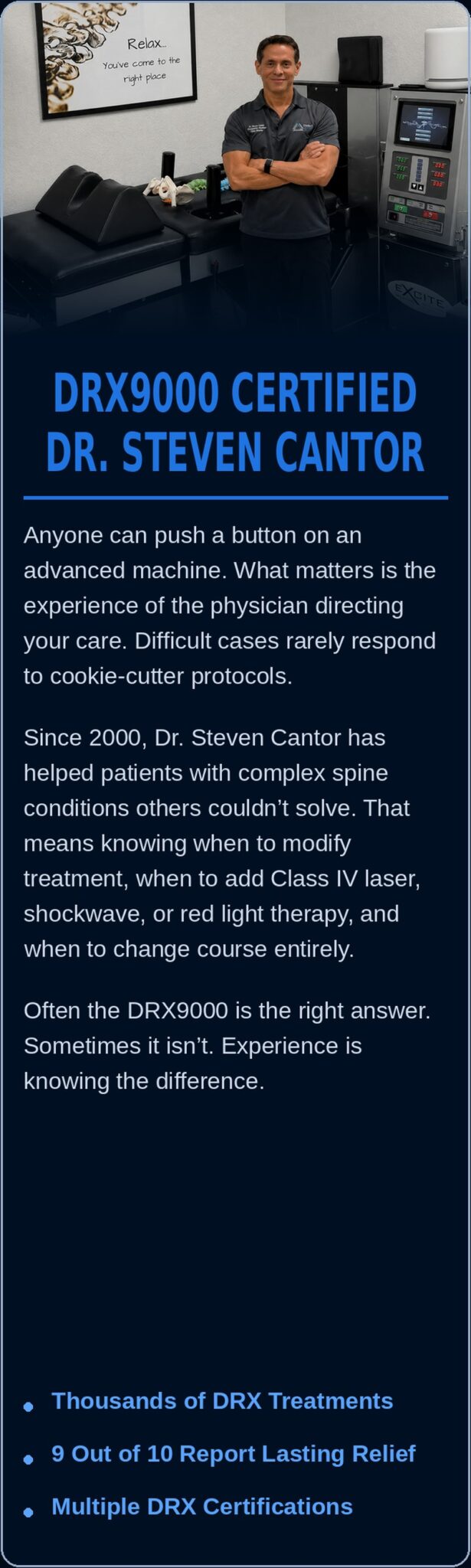 DRX9000 certified, Dr. Steven Cantor. Since 2000, treating complex spine conditions with decompression, Class IV laser, shockwave, and red light therapy.