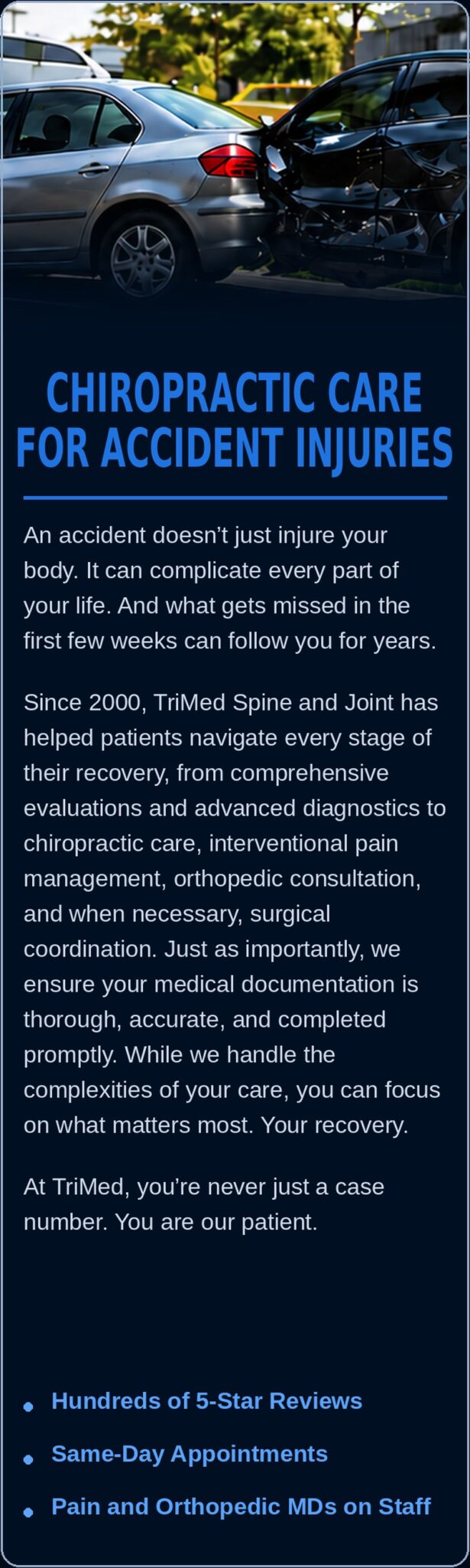 Chiropractic care for accident injuries. Comprehensive evaluations, advanced diagnostics, and thorough documentation since 2000.