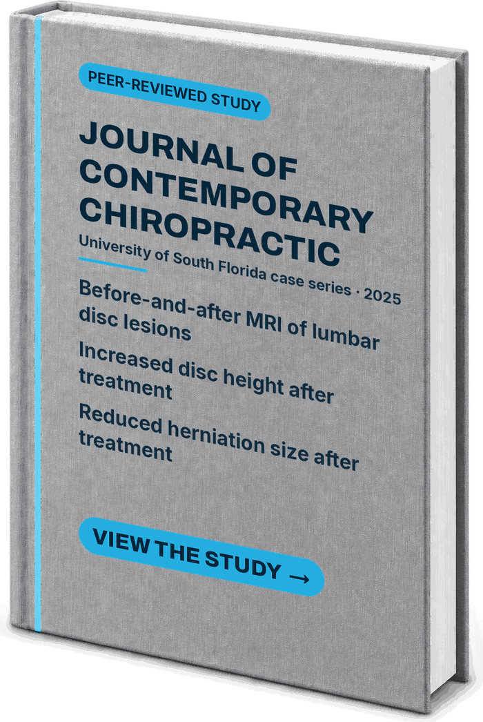 Journal of Contemporary Chiropractic 2025 DRX9000 lumbar disc case series, University of South Florida — study book cover