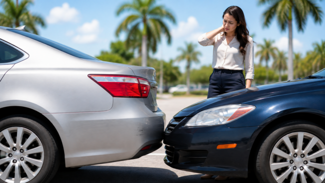 Woman holding her neck beside two cars after a minor low-speed accident